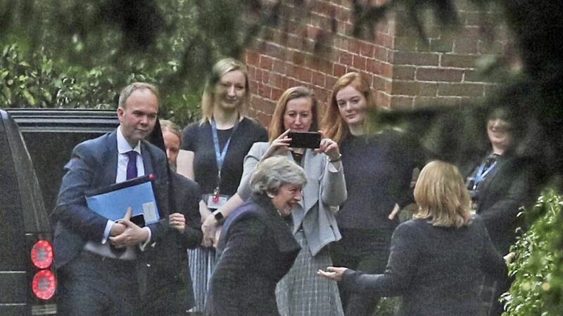 Ex-British Prime Minister Theresa May and her former chief of staff Gavin Barwell (left). Picture Brian Lawless/PA Wire 