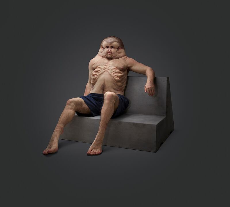 Graham, a model of a human evolved to withstand crashes, by Patricia Piccinini in collaboration with the Transport Accident Commission in Australia, 2016