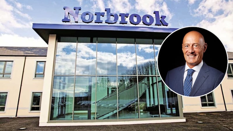 A picture taken outside Norbrook's Newry headquarters, with an inset photo of CEO Andrea Iucci.