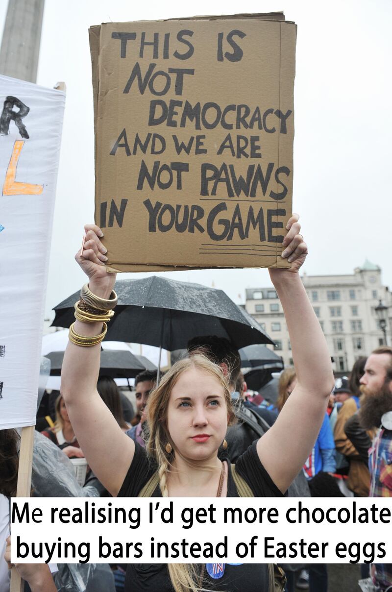 A pro-EU protester holds a placard