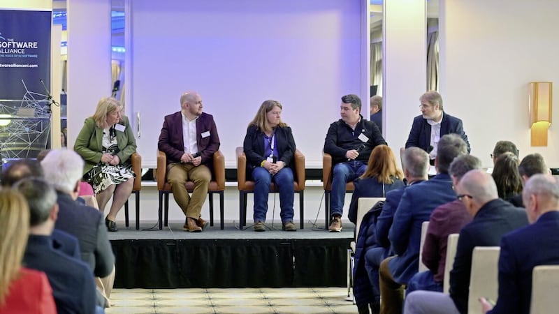 A panel discussion during Thursday&#39;s launch of the Software Alliance (L-R): Lorna McAdoo, Version 1; Andrew Gough, GCD Technologies; Fustina Donaghy, Ocula Technologies; Sam Mawhinney, Liberty IT; and Tom Gray, Kainos. 
