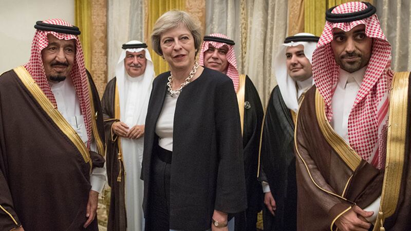 Prime Minister Theresa May meets King Salman bin Abdulaziz al Saud of Saudi Arabia (left) in Manama, Bahrain&nbsp;