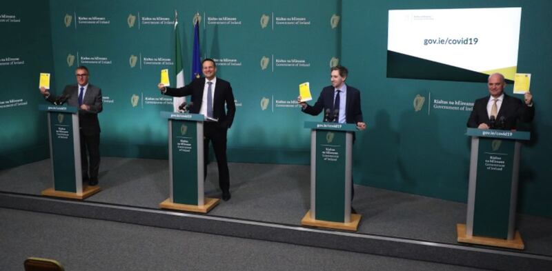 (Left to right) CEO of An Post David McRedmond, Taoiseach Leo Varadkar, Minister for Health Simon Harris, and Chief Medical Officer Dr Tony Holohan. Picture by Nick Bradshaw/The Irish Times/Press Association