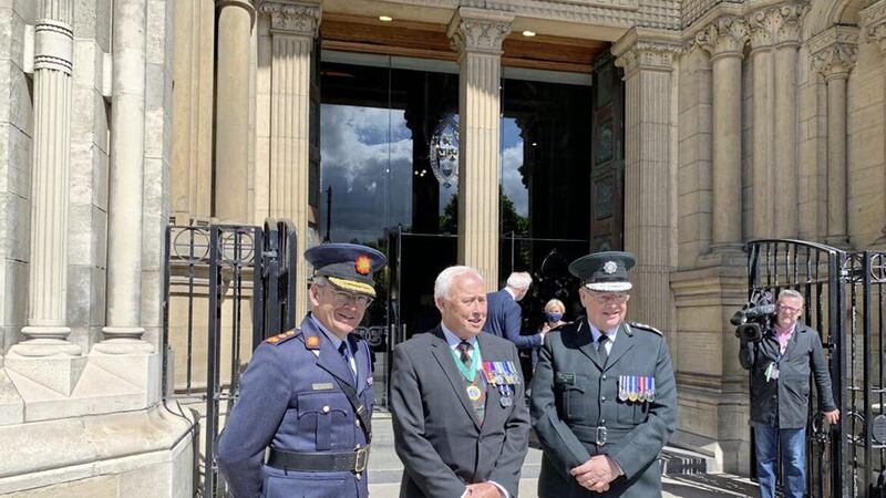 Garda Commissioner Drew Harris, RUC GC Foundation Chair Prof Stephen White and PSNI Chief Constable Simon Byrne at the RUC 100th anniversary service in Belfast in May 