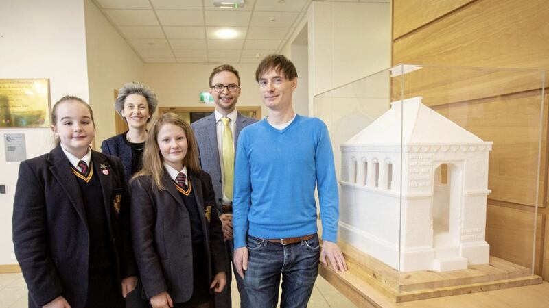 Pupils Evie Close and Kenadie Butler with Suzanne Lyle, Arts Council, teacher Robin Cahoon and artist Brendan Jamison with his sugar cube sculpture 