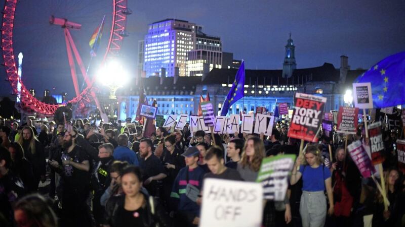 Brexit protesters in London as MPs took part in an emergency debate over a new law to block a no-deal Brexit last night. Picture by Victoria Jones, Press Association 