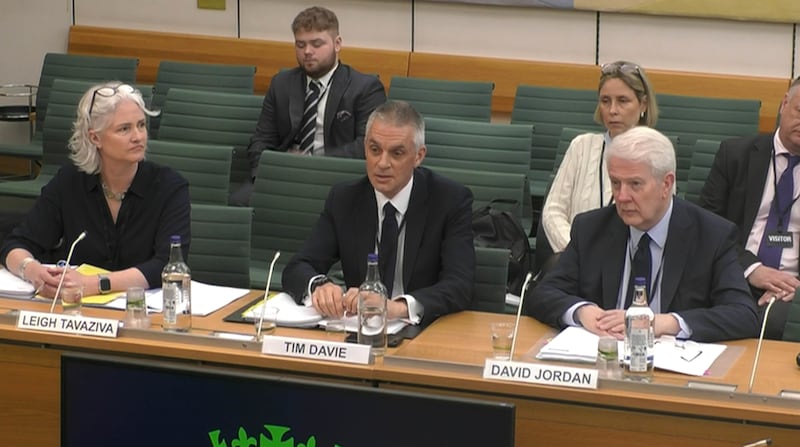 The BBC’s chief operating officer Leigh Tavaziva, director-general Tim Davie and director of editorial policy and standards David Jordan giving evidence to the Culture, Media and Sport Committee