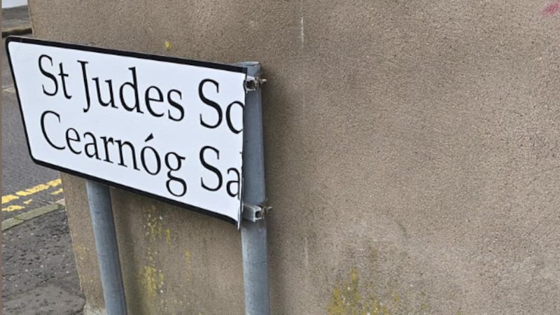 The dual-language sign damaged in the St Judes Square area of south Belfast. PICTURE:CONOR MCKAY/FACEBOOK