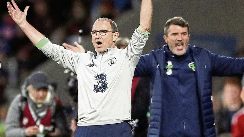 Republic of Ireland manager Martin O&#39;Neill and assistant manager Roy Keane during the 1-0 win over Wales at the Cardiff City Stadium 