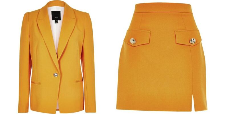 River Island Orange Puff Sleeve Blazer, &pound;50; Orange A Line Mini Skirt, &pound;30, available from River Island