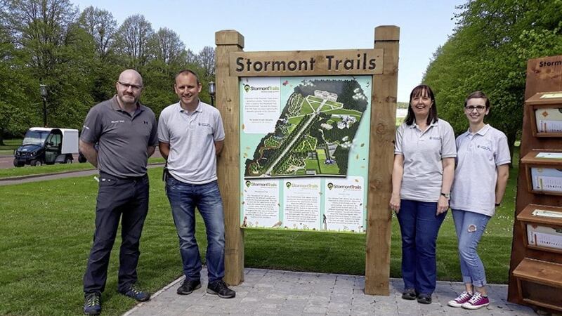 Allan Hamilton (left) from Brilliant Trails Ltd with Duncan Morris, Laura Morgan and Gina Brown of the Stormont Estate Management Unit at the launch of Stormont Estate new adventure trails 