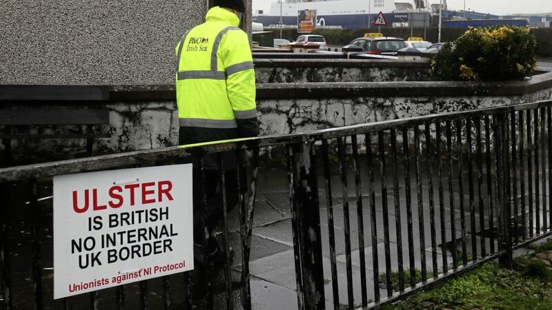 An anti-Northern Ireland Protocol sign near the entrance to Larne Port. Photo Brian Lawless/PA Wire. 