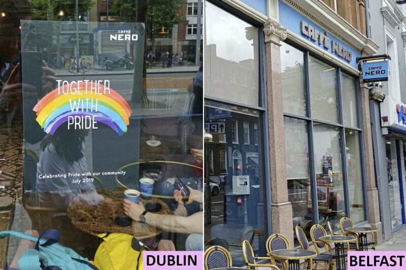 A sign in the window of a Caffe Nero in central Dublin ahead of Pride in June, and a Caffe Nero near city hall ahead of Belfast Pride 
