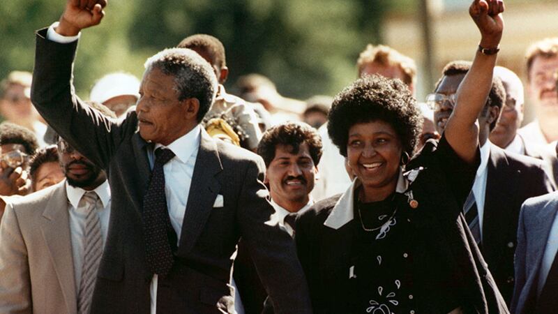 Winnie and Nelson Mandela pictured on his release from prison in February 1990&nbsp;