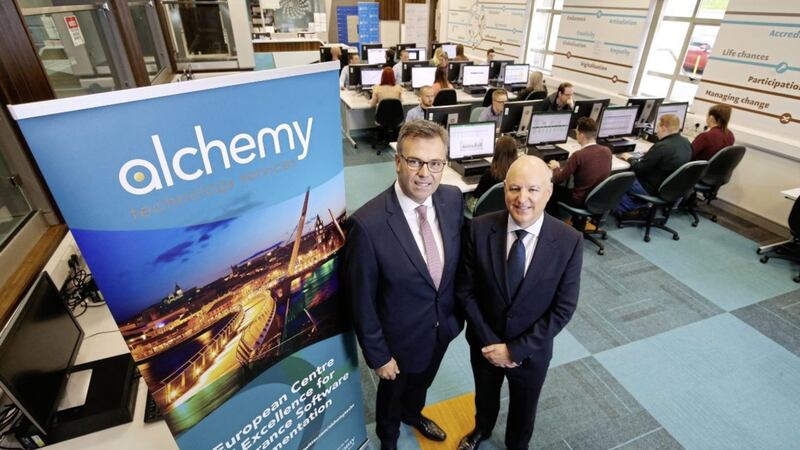 Alchemy Technology Services director and founder John Harkin (right) with Invest NI chief executive Alastair Hamilton at the company&#39;s new European Centre of Excellence in Derry. Photo: Kelvin Boyes/Press Eye 