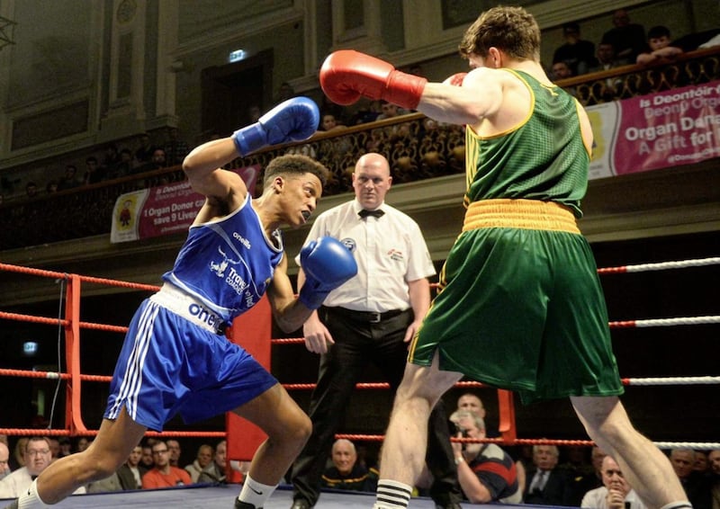 Mosa Kambule lost out to Rory Lavery in the Ulster Elite final after the Holy Family fighter sustained a cut in the only round of the lightweight contest. Picture by Mark Marlow 