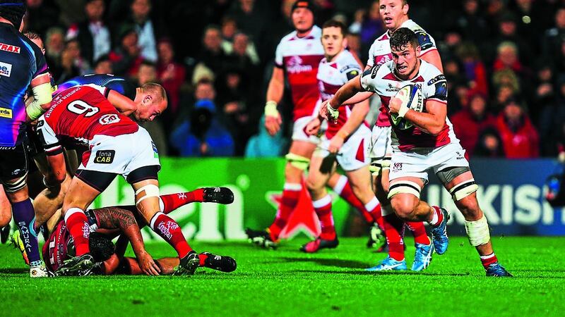 &nbsp;Sean Reidy sets off to score the only try of the game in Ulster&rsquo;s 19-18 Champions Cup win over Exeter at Kingspan Stadium on Saturday