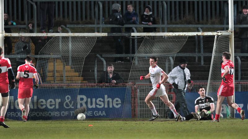 Tyrone's Aidan McCrory wheels away after scoring his team's second goal against Derry during the National League match at Healy Park on Saturday<br />Picture by Margaret McLaughlin&nbsp;