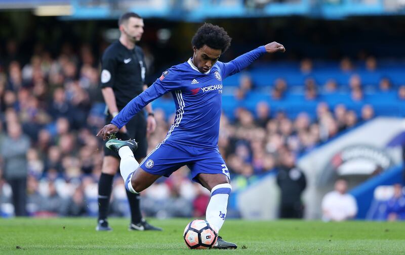 Chelsea's Willian scores the opening goal during the Emirates FA Cup, fourth round match at Stamford Bridge&nbsp;