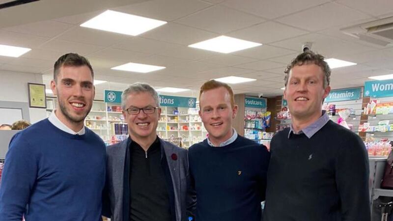 Co-owner Ryan Jones (left) pictured at the opening of RJS Pharmacy in Drumshanbo alongside Joe Brolly, co-owner John Slowey and Karl Scollan of Gala Shop
