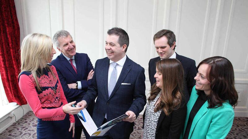 Assembly candidates Cllr Carla Lockhart (DUP), M&aacute;irt&iacute;n &Oacute; Muilleoir MLA (Sinn Fein), Cllr Carl McClean (UUP), Cllr Nicola Mallon (SDLP) and Cllr Nuala McAllister (Alliance) with Glyn Roberts 