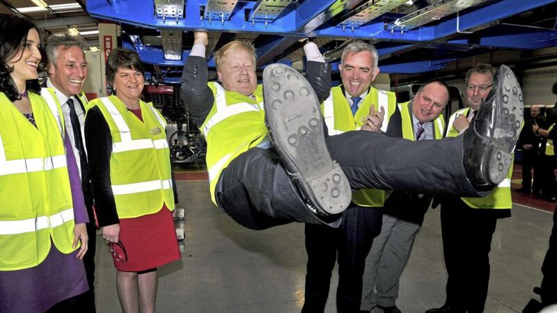 Boris Johnson at Wrightbus in Antrim in February 2016 with senior DUP figures including Ian Paisley, Arlene Foster and Jonathan Bell 