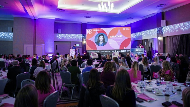 Co-hosts Susan Hayes Culleton and Ryan Hand address 500 delegates gathered in the Crowne Plaza in Belfast on Friday for the IoD&#39;s first in person Women&#39;s Leadership Conference since 2020. 