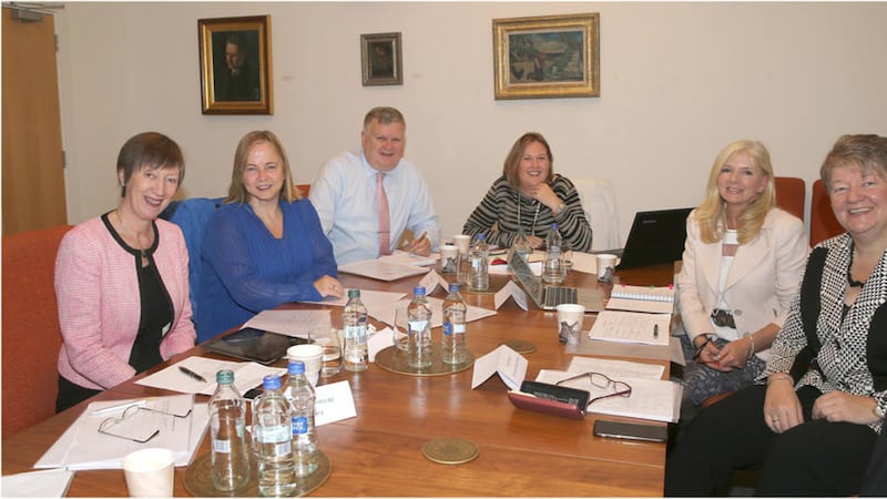 Judges get to work in deliberating over the short-list for the 2016 Women in Business Awards. From left - Evelyn Collins, Imelda McMillan, Gary McDonald, Roseann Kelly (chair), Hester Larkin and Ellvena Graham. Picture by Hugh Russell