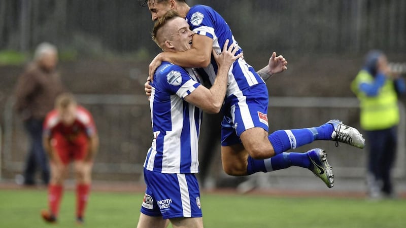 Coleraine&rsquo;s Aaron Burns celebrates his winner at Solitude on Saturday Picture by Pacemaker 
