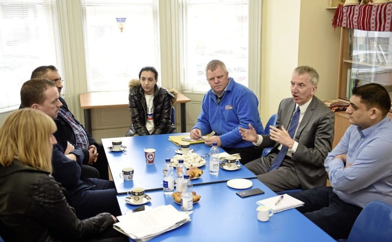 Sinn Fein&#39;s Mairtin O&#39;Muilleoir visits the Roma and Romanian Association of NI at their community centre in Belfast. The topic of the meeting was the reduction of Roma funding from &Acirc;&pound;74,000 to nothing at all. Picture Mark Marlow. 