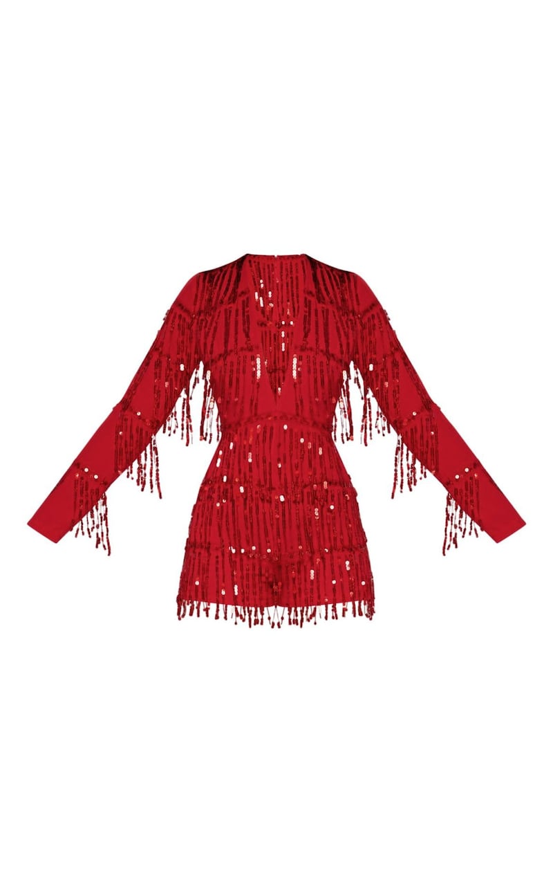 Pretty Little Thing Red Tassel Sequin Long Sleeve Playsuit, &pound;45 