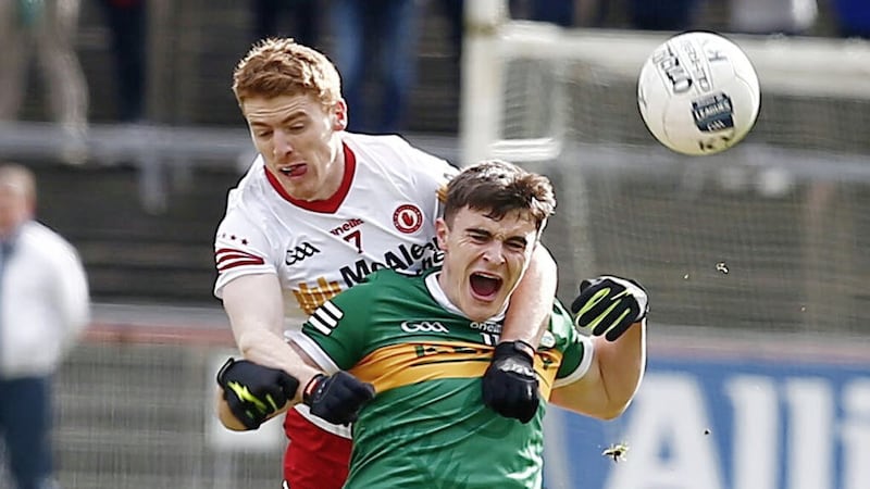 Tyrone's Peter Harte and Kerry's Sean O'Shea in action during the Allianz Football League Division one game between Tyrone and Kerry. Picture by Philip Walsh 