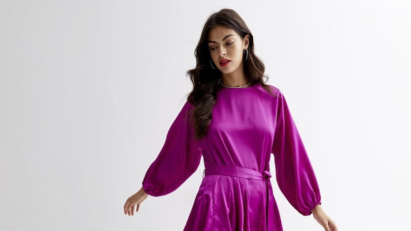 New Look Deep Pink Satin Puff Sleeve Tie Waist Mini Dress, &pound;27.99 from New Look (bag, stylist&#39;s own) 