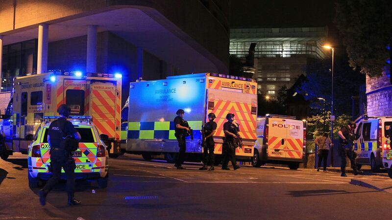 Armed police at Manchester Arena after reports of deaths and injuries following an explosion at the venue during an Ariana Grande gig<br />PICTURE: Peter Byrne/PA