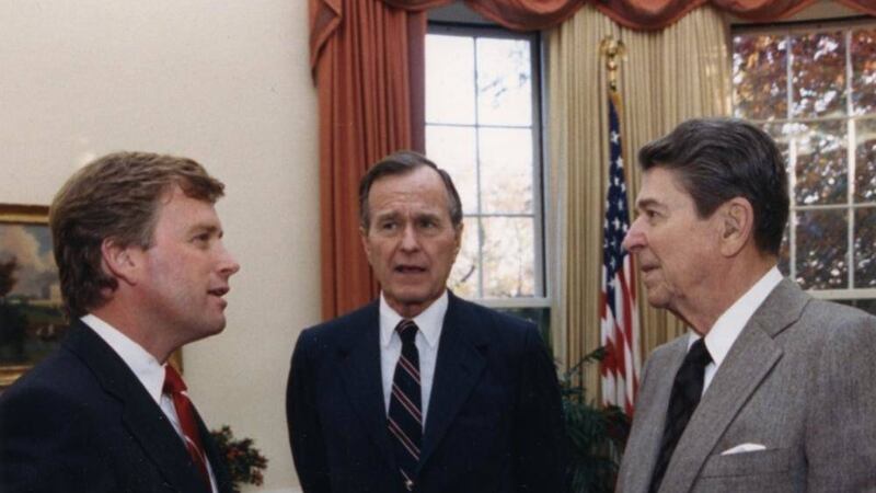 WORLD STAGE: Left, Dan Quayle in his days as a top US politician with former presidents George Bush snr and Ronald Reagan. Right, in more recent years. Above, Peter Robinson and Martin McGuinness 