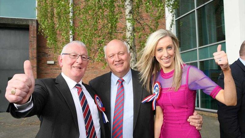 The DUP&#39;s Sydney Anderson and Carla Lockhart celebrate their election with Upper Bann MP David Simpson. Picture by Mal McCann 