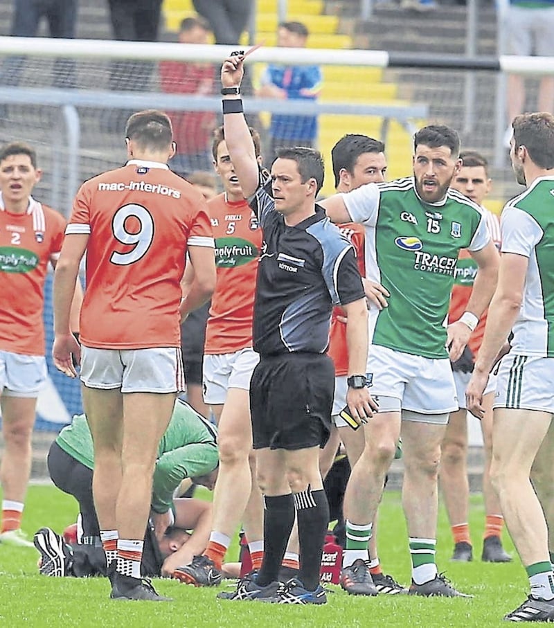 Niall Grimley was shown a red card early on in Armagh&#39;s defeat to Fermanagh. Picture by Philip Walsh 