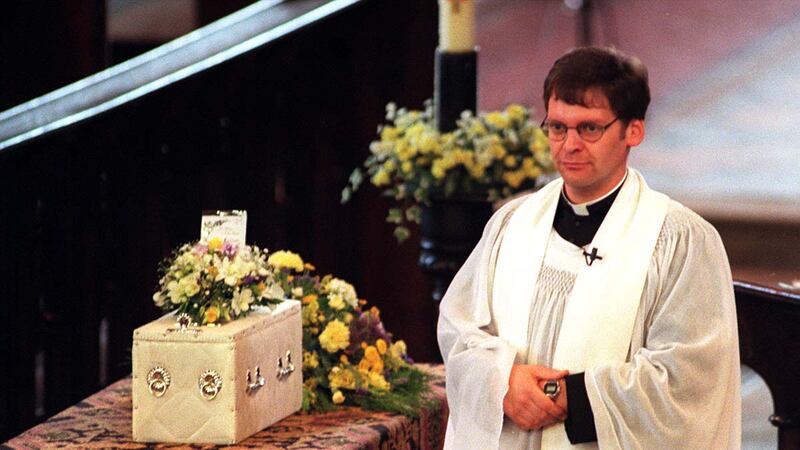 The Rev Mark Chilcott conducts the service for baby Callum in St Elphin’s Church, Warrington, in 1998