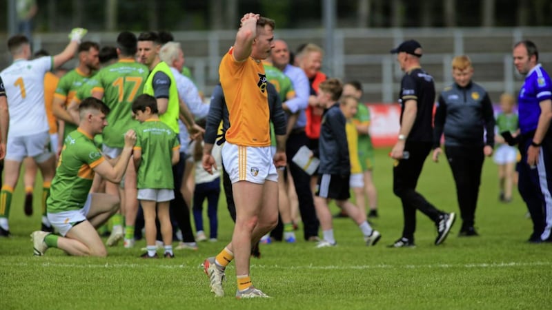 Antrim&#39;s Peter Healy at the final whistle following his side&#39;s defeat to Leitrim in the first round Tailteann Cup match in Carrick-on-Shannon Picture: Seamus Loughran. 