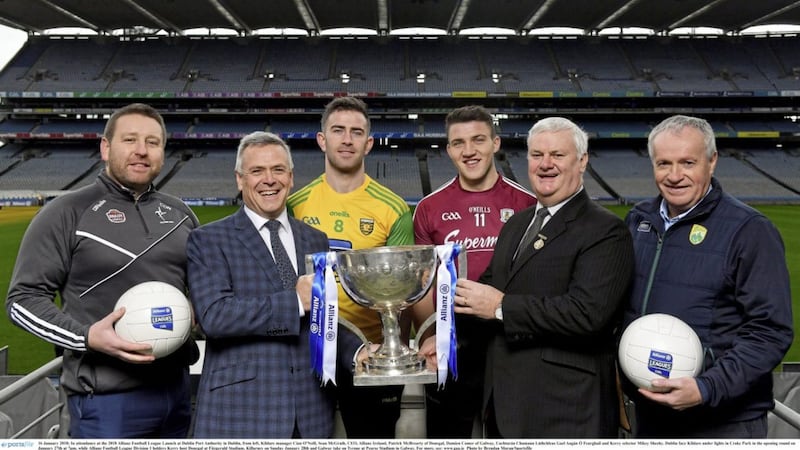 Pictured at the 2018 Allianz Football League launch at Dublin Port Authority in Dublin, are from left, Kildare manager Cian O&#39;Neill, Sean McGrath, (CEO, Allianz Ireland), Donegal&#39;s Paddy McBrearty, Damien Comer (Galway), Aog&aacute;n &Oacute; Fearghail (Uachtar&aacute;in-Tofa Chumann L&uacute;thchleas Gael) and Kerry selector Mikey Sheehy. Picture by Brendan Moran/Sportsfile. 