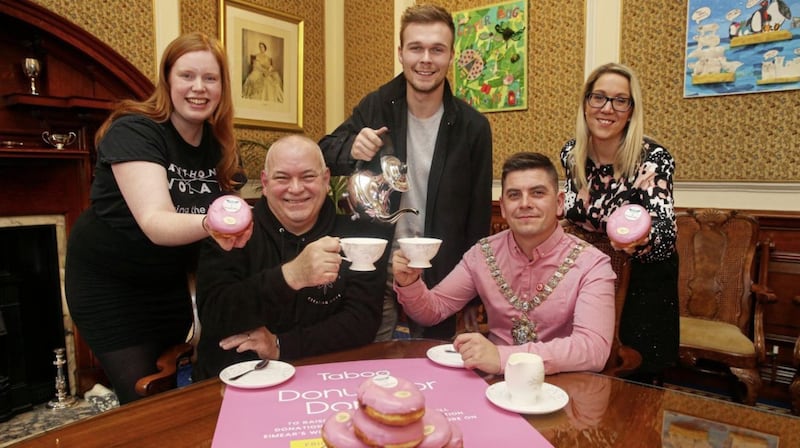 Belfast Mayor Danny Baker joined by Sean Smyth and Lili Vette, Anthony Nolan Trust, Brett McKinney, Taboo Donuts, Leigh Osborne from Action Cancer to launch Donuts for Donors at the City Hall. Picture by Mal McCann 