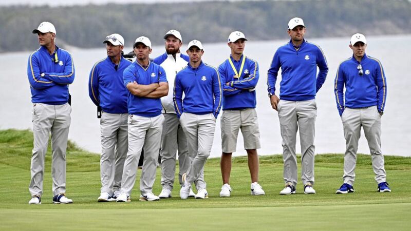 Members of Team Europe on the seventeenth green during the Afternoon Four-Ball session on day one of the 43rd Ryder Cup at Whistling Straits, Wisconsin. Picture: Anthony Behar/PA&nbsp;