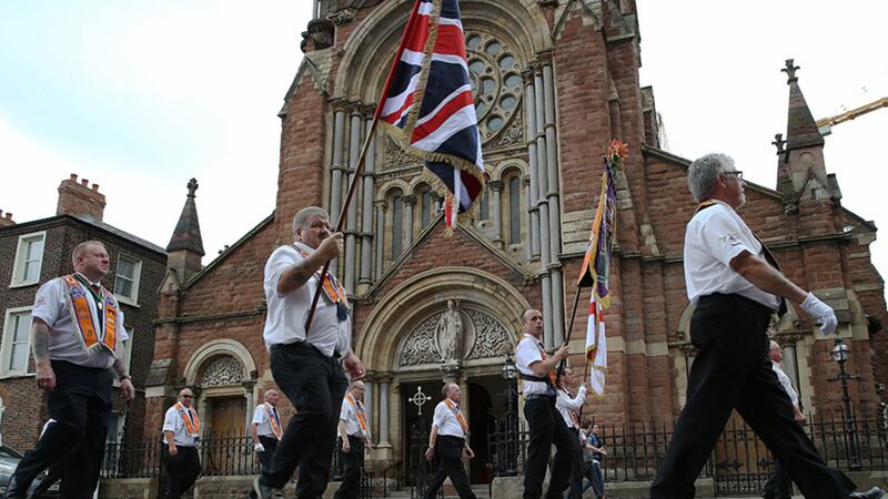 Twelfth of July parade on the way past St Patrick&rsquo;s Church in North Belfast. Picture by Hugh Russell&nbsp;