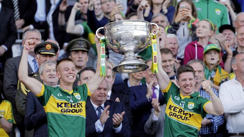 Kerry captain Fionn Fitzgerald and Kieran O&#39;Leary lift the Sam Maguire in 2014. Joint lifts of cups could be a thing of the past after tomorrow&#39;s Congress 
