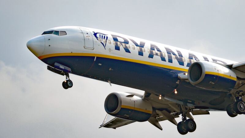 A Ryanair Boeing 737-8AS passenger airliner comes in to land