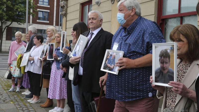 Families in Belfast for the inquiry into Muckamore Abbey Hospital. Picture by Hugh Russell&nbsp;
