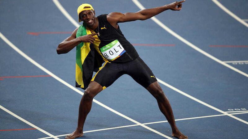 Jamaica&#39;s Usain Bolt celebrates winning the men&#39;s 100m final at the Olympics Stadium at the Rio Olympics Games, Brazil 