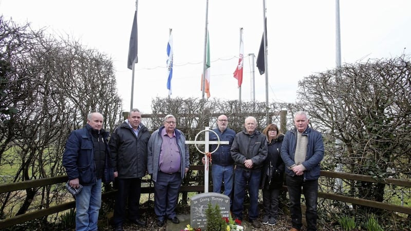 Gerry McAnespie, Tyrone GAA chairman Michael Kerr, former chairman Tony McKenna, Sean and Vincent McAnespie, their father John and his daughter Margo McAnespie Loughran pictured at Aidan&#39;s McAnespie&#39;s memorial yesterday. Picture by Mal McCann 