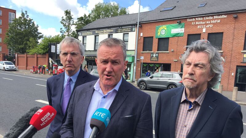 &nbsp;Conor Murphy speaking outside Sinn Fein's offices on Falls Road in Belfast, flanked by party colleagues, after Prime Minister Boris Johnson announced that he is seeking a suspension of Parliament ahead of a Queen's Speech on October 14.&nbsp;David Young/PA Wire