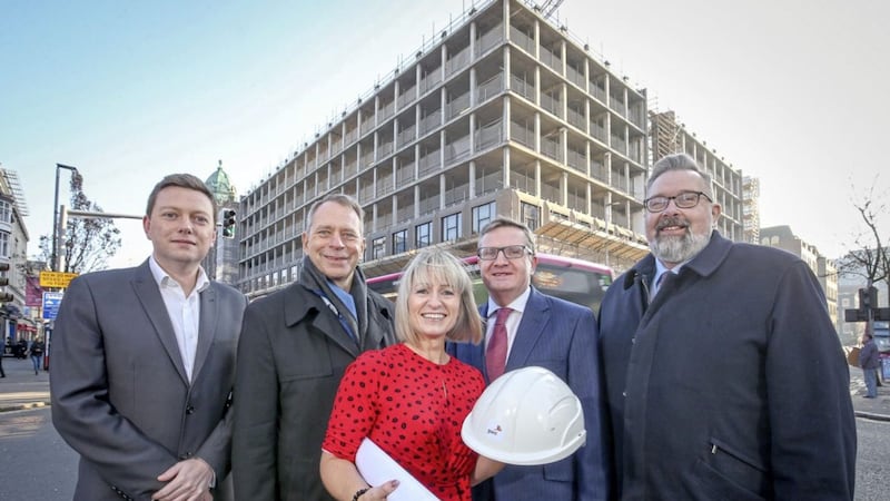 Announcing the Merchant Square move are (from left) Cllr Donal Lyons from Belfast City Council, PwC chair Kevin Ellis, PwC director Kieragh Nelson, Gareth Graham from Oakwood Holdings and PwC NI chair Paul Terrington. Photo: Matt Mackey/Press Eye 